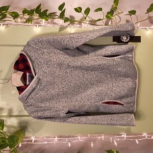 Women's Eddie Bauer Heather Grey Red Black Check Hoodie Sweater M